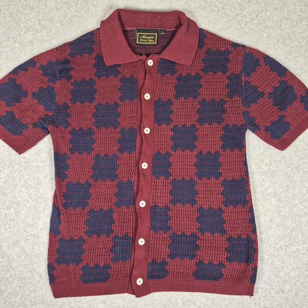 Massive Knit Polo Shirt Mens Large Burgundy Navy Blue Checkered Button Down